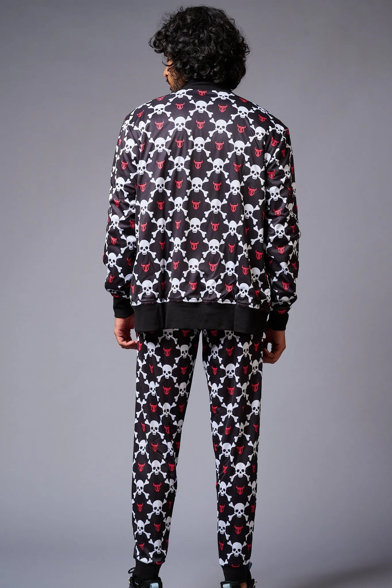 Go Devil Logo White Skull Printed Black Bomber Style Jacket with Pant Co-ord Set for Men