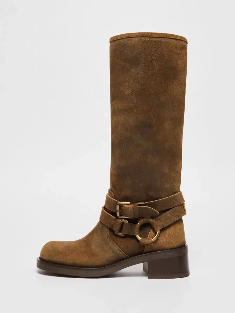 Suede Knee Boots Women's Deep Brown Square Toe Buckle Detail Flat Boots