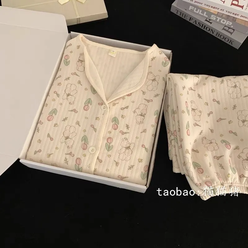 Tulip Rabbit Air Cotton Pajamas Women's Pure Cotton Winter Thickened Warm Long Sleeve Suit Loose Spring and Autumn Home Clothing