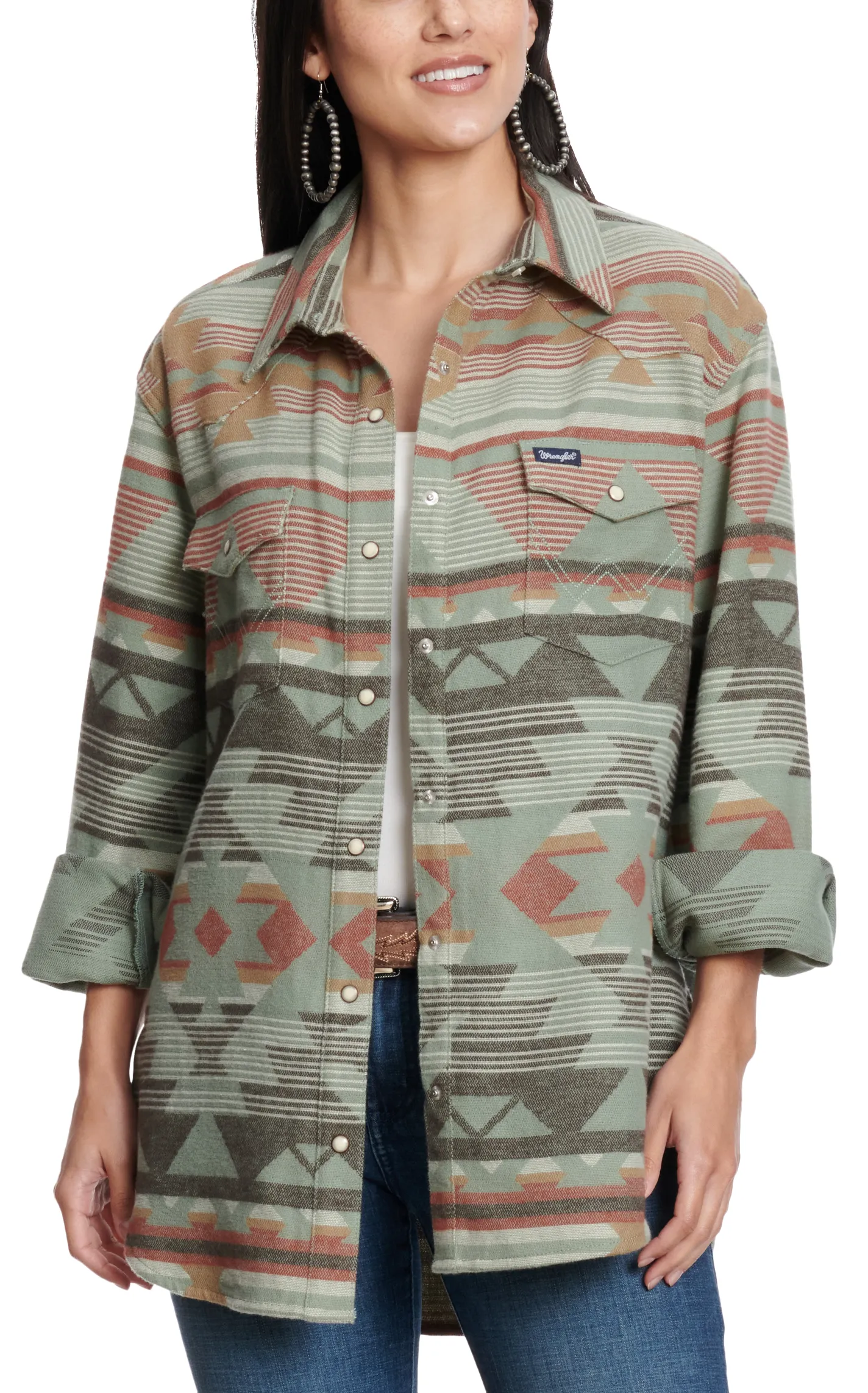 Wrangler Retro Women's Sage Aztec Print Boyfriend Shirt Jacket