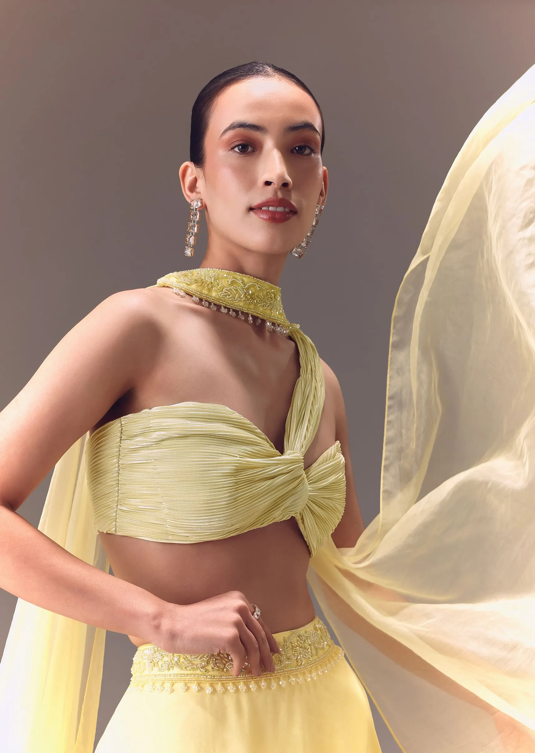 Yellow Pre-Pleated One Shoulder Blouse With Frill Lehenga And Choker Dupatta